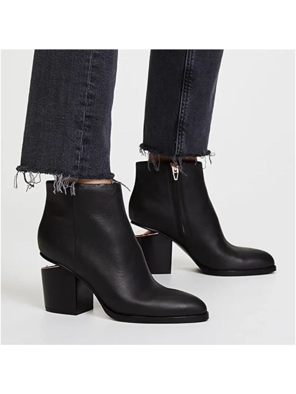 Alexander Wang Gabi Black Leather Booties 6.5 Silver Cutout Heel Ankle Boots